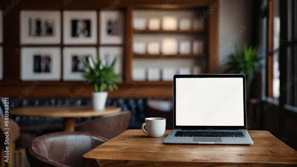 Laptop with Blank Screen and Cup of Coffee on a Wooden Table in a Cafe Laptop with Blank Screen and Cup of Coffee on a Wooden Table in a Cafe