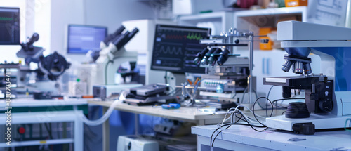 A busy scientific laboratory with high-powered microscopes, various devices, and monitors showcasing real-time data amid an atmosphere of intense research.