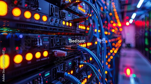 High-angle view of a network server room filled with rows of blinking servers and fiber optic cables.