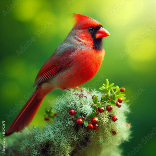 Close-up Northern Cardinal perching on branch,Bird Photography