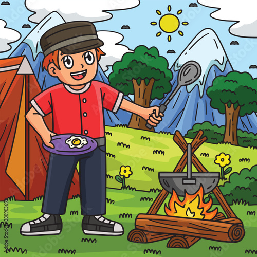 Camping Camper Boy Cooking Colored Cartoon 