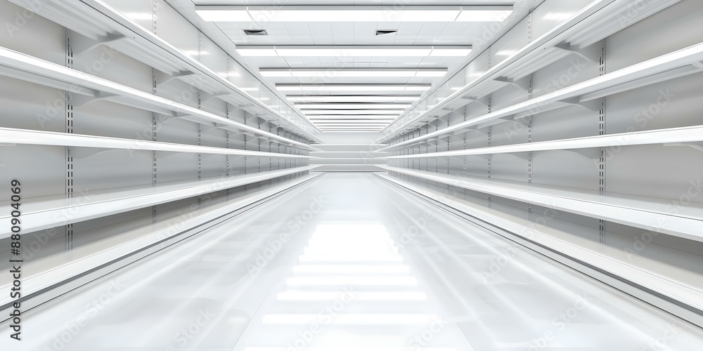 Naklejka premium Empty grocery store with white shelves and floor in aisle G51A. Concept Store Design, Retail Environment, Empty Shelves, Grocery Store, Aisle Layout