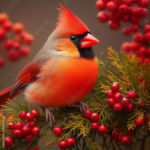 Close-up Northern Cardinal perching on branch,Bird Photography