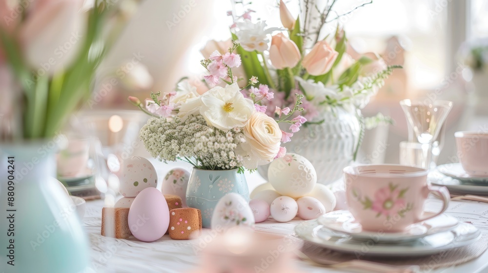 Pastel themed Easter table setting with eggs gingerbread and flowers Pastel themed Easter table setting with eggs gingerbread and flowers
