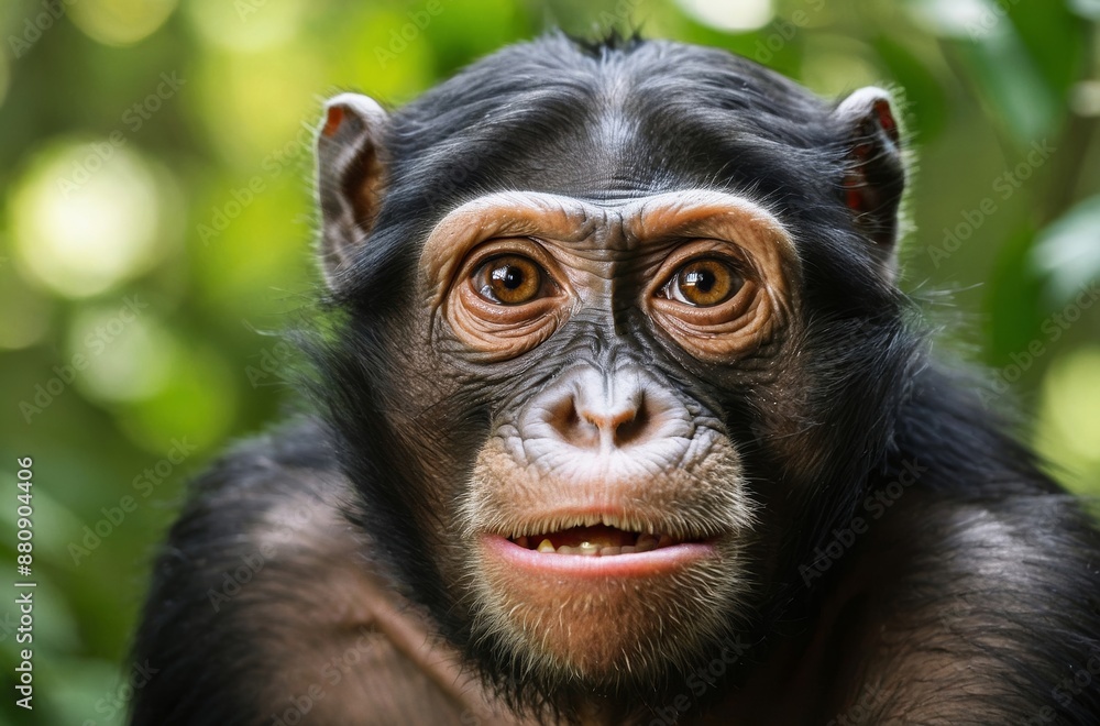 Close-up portrait of young chimpanzee with large brown eyes looking at camera Close-up portrait of young chimpanzee with large brown eyes looking at camera