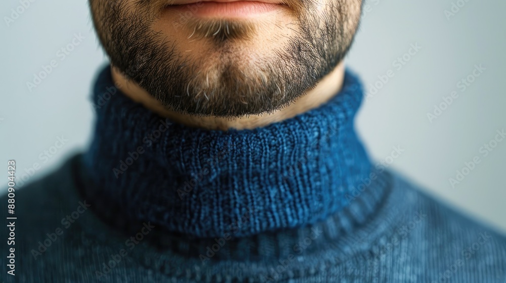 Close up of man in blue turtleneck on white background Close up of man in blue turtleneck on white background
