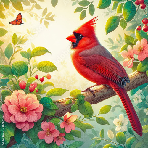 Close-up Northern Cardinal perching on branch,Bird Photography