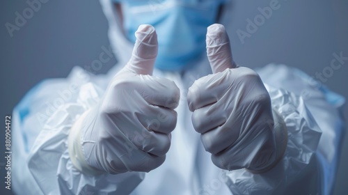 Doctor s hands in medical gloves performing negative self testing for COVID 19 Deltacron variant displaying thumbs up gesture Medicine and recovery theme