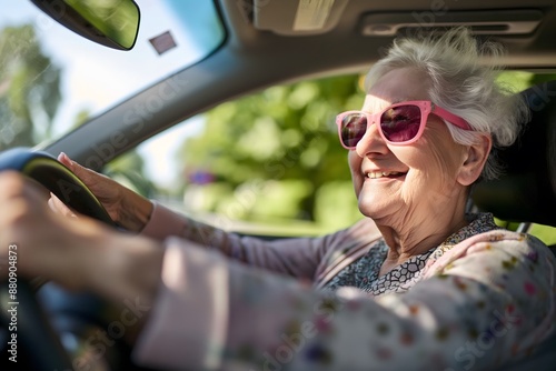 A senior woman, in bright sunglasses, enjoys driving alone, showcasing the importance of safe driving for older adults