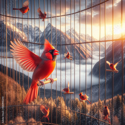 Close-up Northern Cardinal perching on branch,Bird Photography