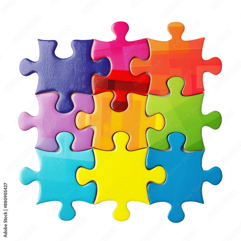 Vibrant set of interlocking 3d puzzle pieces in various colors, isolated on a transparent grid Vibrant set of interlocking 3d puzzle pieces in various colors, isolated on a transparent grid