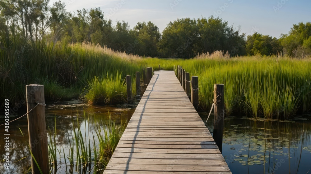 A serene boardwalk through lush reeds and calm waters, offering a peaceful escape for nature walks, observation, and outdoor exploration A serene boardwalk through lush reeds and calm waters, offering a peaceful escape for nature walks, observation, and outdoor exploration
