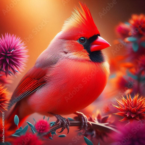 Close-up Northern Cardinal perching on branch,Bird Photography