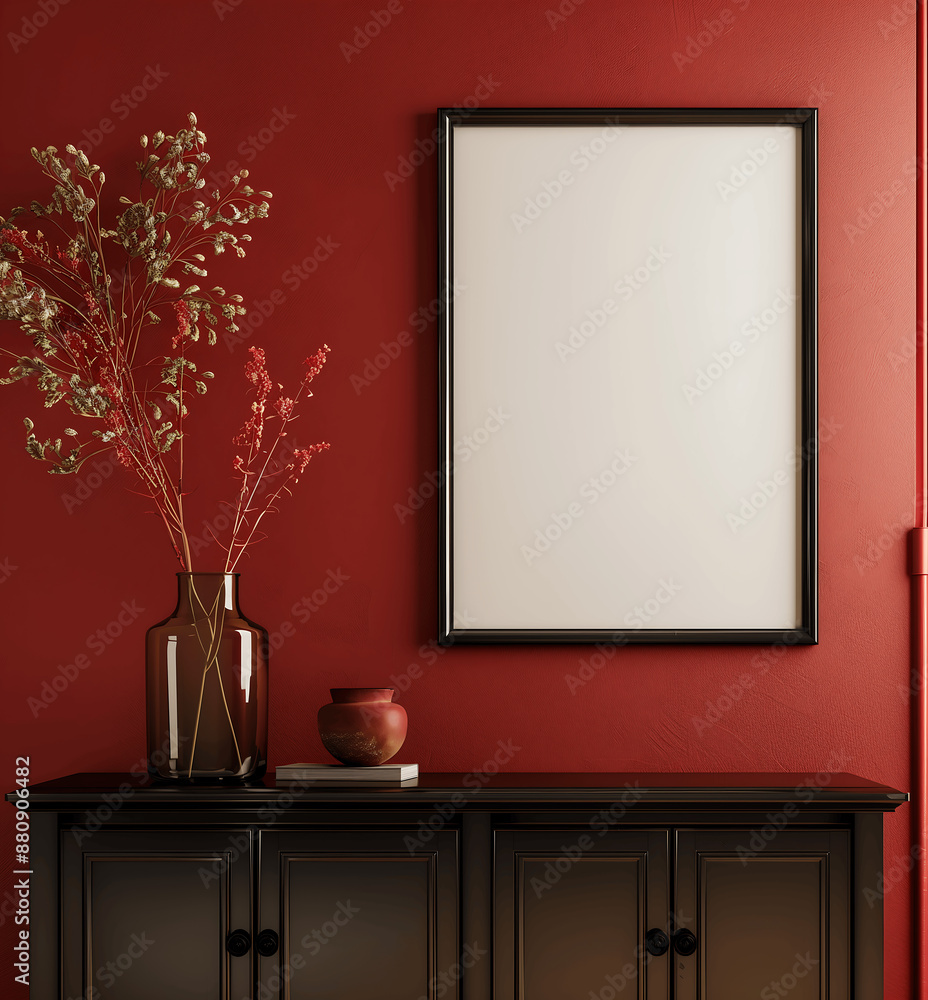 Dramatic living room with a bold red accent wall, a black sideboard, and a large mock-up blank poster frame. The decor includes a glass vase with dried branches Dramatic living room with a bold red accent wall, a black sideboard, and a large mock-up blank poster frame. The decor includes a glass vase with dried branches