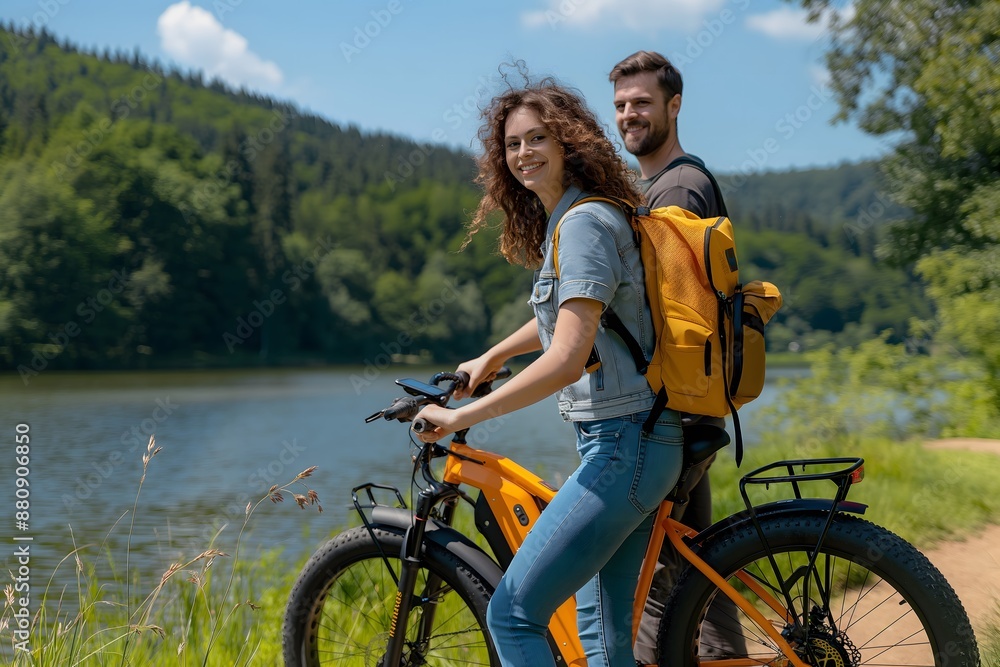 A young tourist couple takes an e-bike ride through nature, following an easy trail road by the lake for a summer adventure A young tourist couple takes an e-bike ride through nature, following an easy trail road by the lake for a summer adventure