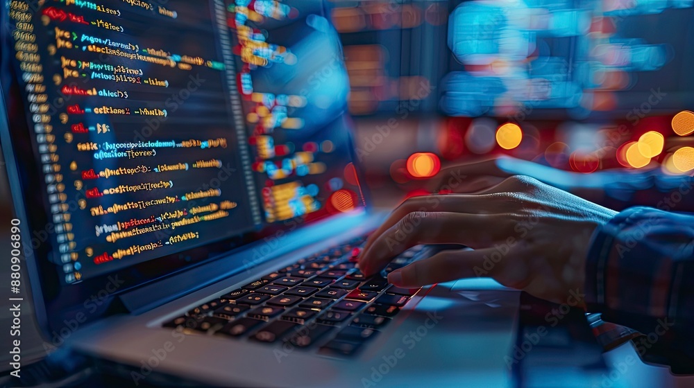 Close-up of a programmer's hands typing on a laptop keyboard with lines of code and digital debugging tools on screen. Close-up of a programmer's hands typing on a laptop keyboard with lines of code and digital debugging tools on screen.