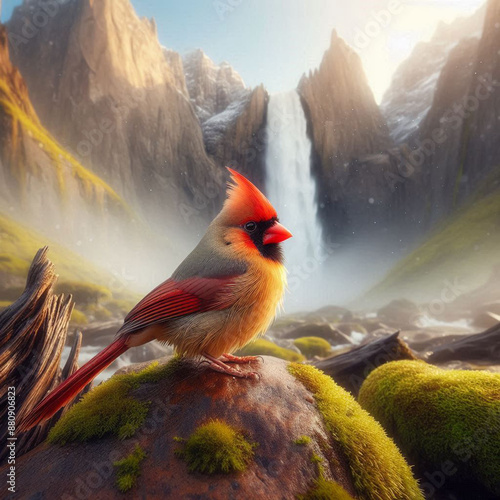 Close-up Northern Cardinal perching on branch,Bird Photography