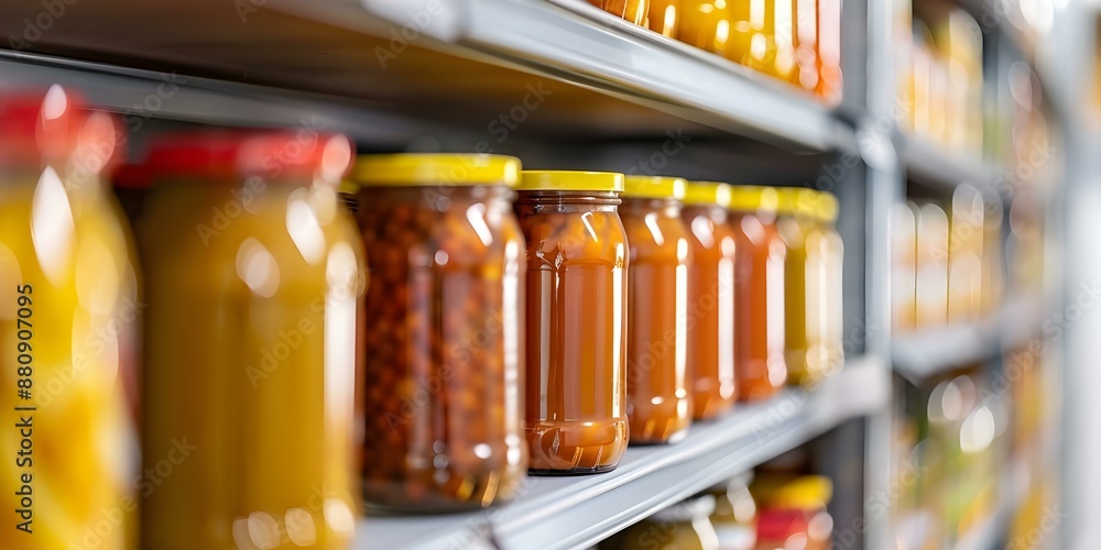 Donated canned goods on pantry shelf at community resource center A close-up view. Concept Community center, Food donation, Canned goods, Pantry shelf, Close-up view Donated canned goods on pantry shelf at community resource center A close-up view. Concept Community center, Food donation, Canned goods, Pantry shelf, Close-up view