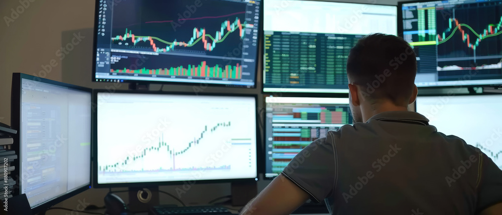 Focused man engrossed in analyzing trading graphs on multiple monitors in a modern office setup. Focused man engrossed in analyzing trading graphs on multiple monitors in a modern office setup.