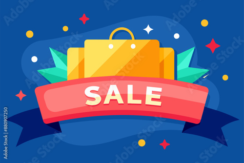 Yellow shopping bags over red ribbon announcing big sale event, ideal for promoting seasonal discounts and special offers, black friday