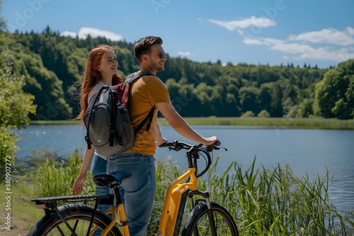 Exploring nature on electric bikes, a traveler couple rides an easy trail by the lake, savoring their outdoor summer vacation