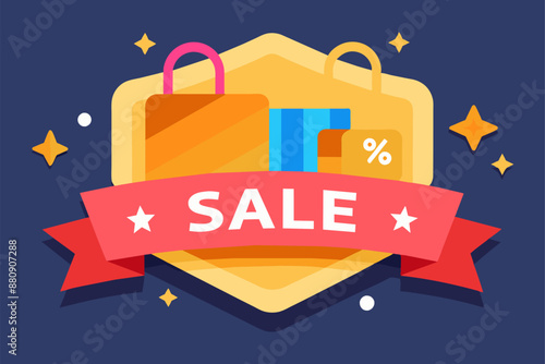 Yellow shopping bags over red ribbon announcing big sale event, ideal for promoting seasonal discounts and special offers, black friday