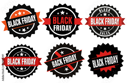 Set of black and red black friday sale marketing badges with stars and ribbons, promoting deals and discounts for shoppers