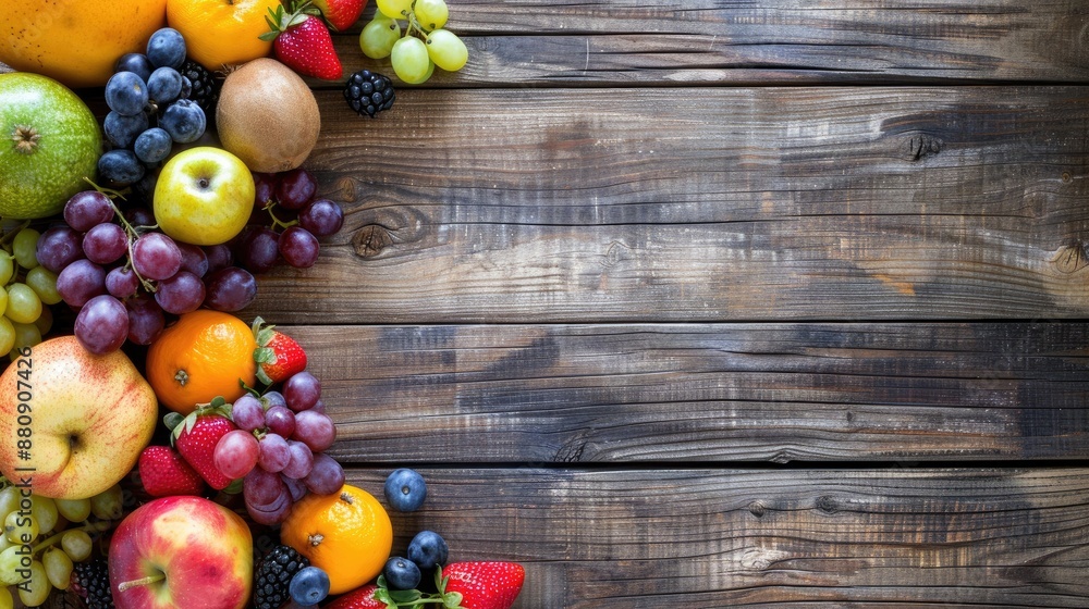 Assorted fruits on wooden background with space for text Healthy eating idea Assorted fruits on wooden background with space for text Healthy eating idea