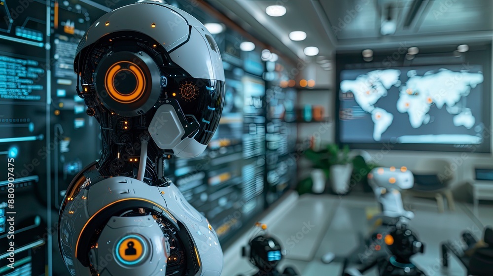 Fototapeta premium An artificial intelligence assistant concept with a digital avatar and voice command interface in a smart home environment.