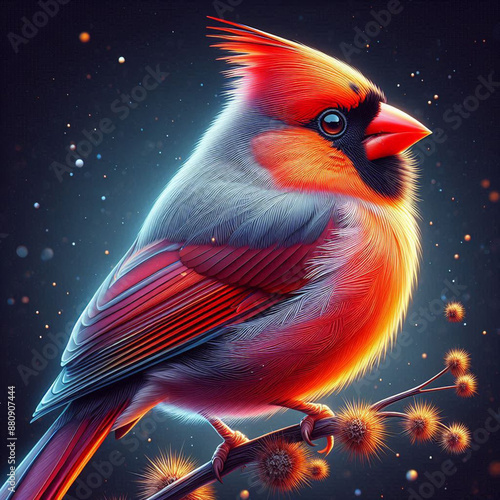 Close-up Northern Cardinal perching on branch,Bird Photography