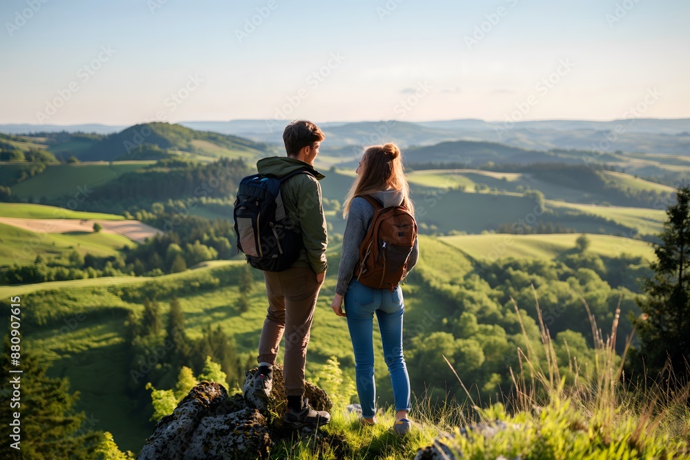 With backpacks on, a couple hikes an easy trail in nature, pausing to enjoy the stunning scenery. Rear view of young tourists on their summer vacation outdoors With backpacks on, a couple hikes an easy trail in nature, pausing to enjoy the stunning scenery. Rear view of young tourists on their summer vacation outdoors