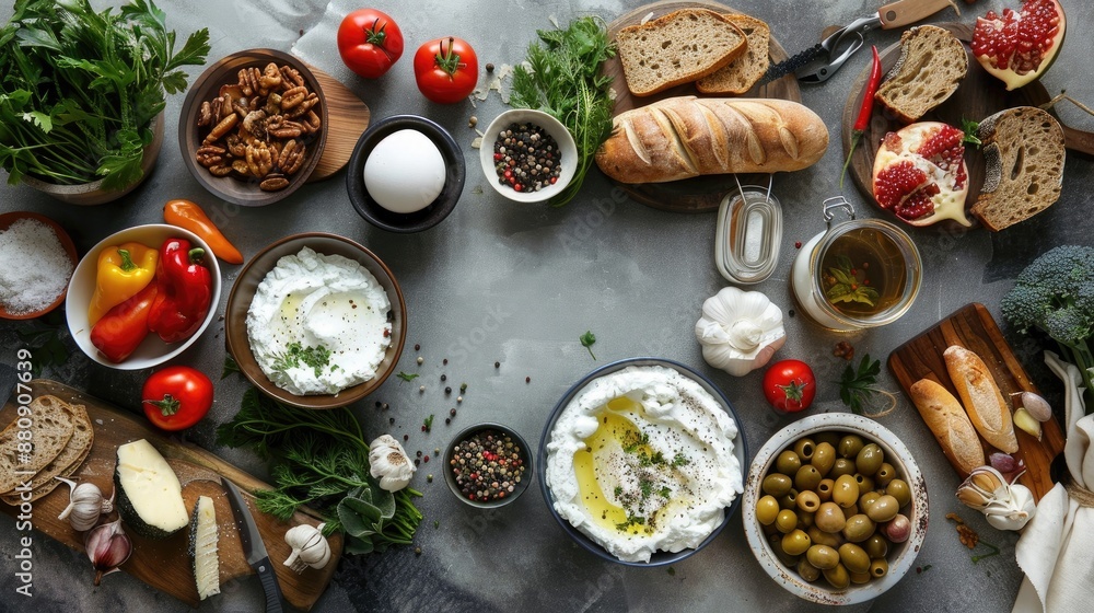 Assortment of food items on gray backdrop Assortment of food items on gray backdrop