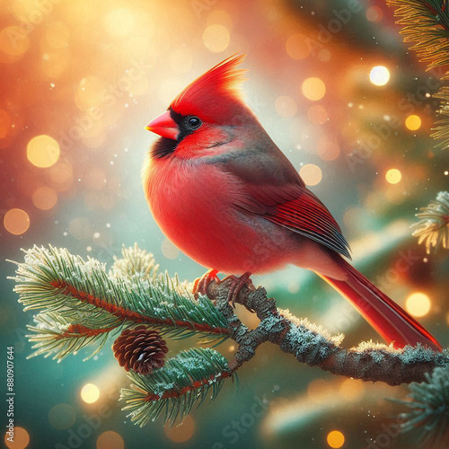 Close-up Northern Cardinal perching on branch,Bird Photography