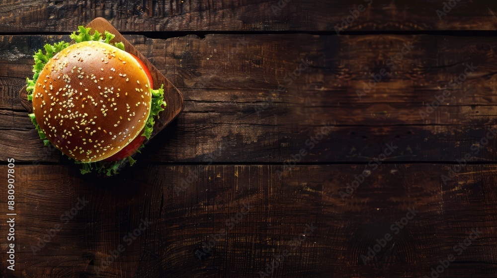 Artisan burger on wooden surface with empty space Quick meal for morning or midday Artisan burger on wooden surface with empty space Quick meal for morning or midday
