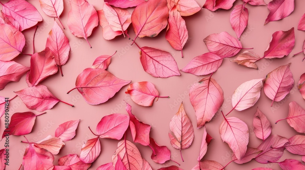 Autumn flat lay art with pink painted leaves Autumn flat lay art with pink painted leaves