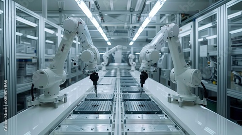 High-tech robotic arms assembling circuit boards in a clean and modern electronics manufacturing facility.