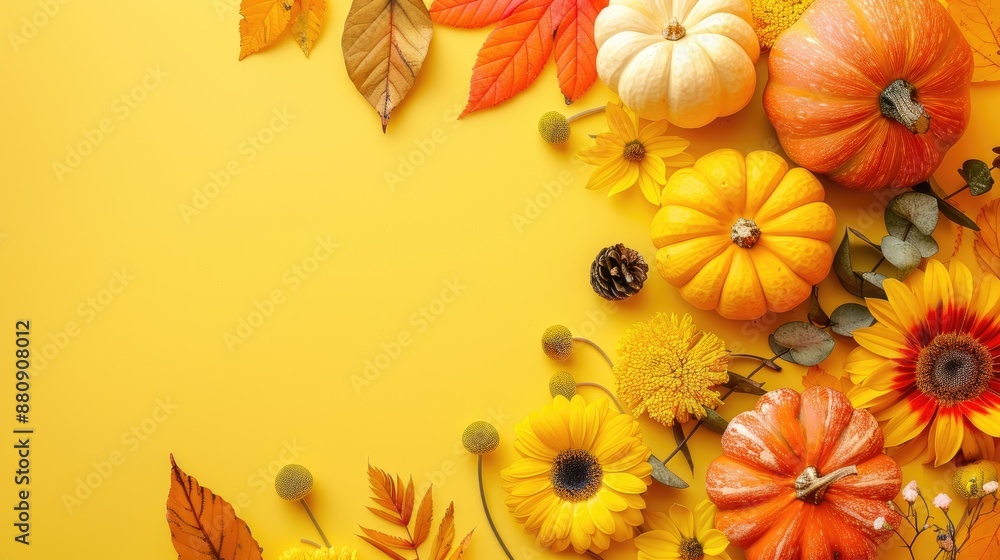 Autumn flat lay with flowers and pumpkins on yellow background Thanksgiving card template Autumn flat lay with flowers and pumpkins on yellow background Thanksgiving card template