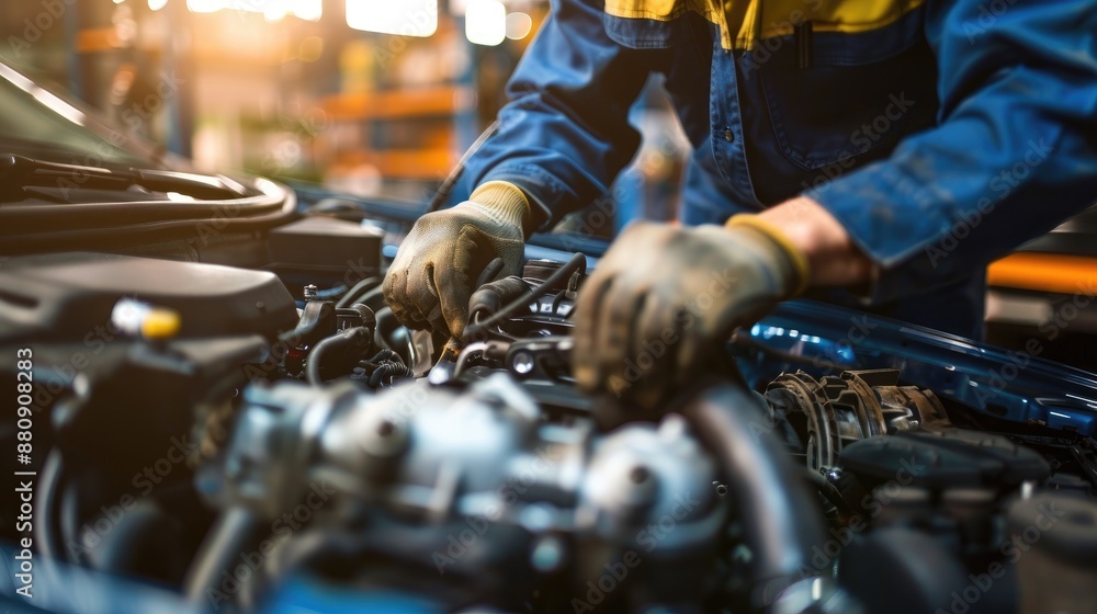 Auto mechanic repairing car engine with selective focus and motion blur in garage Auto mechanic repairing car engine with selective focus and motion blur in garage