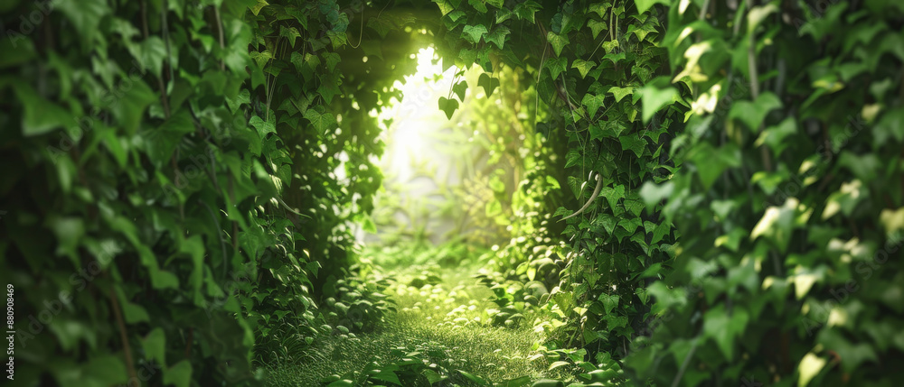 Fototapeta premium A mesmerizing tunnel of lush green ivy, bathed in sunlight, stretches into a dreamy, verdant escape.