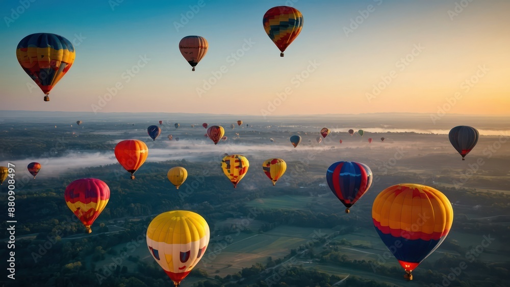 Obraz premium Colorful hot air balloons float serenely in the sky at sunrise Perfect for travel, adventure, and festival themes highlighting serene landscapes and peaceful flights