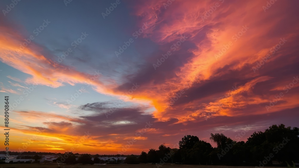 Stunning sunset with vibrant orange and pink clouds over a serene rural landscape, creating a peaceful and dramatic evening sky Stunning sunset with vibrant orange and pink clouds over a serene rural landscape, creating a peaceful and dramatic evening sky