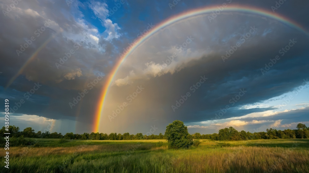 Beautiful rainbow arches over a green meadow and dramatic sky, capturing nature's serene and vibrant post storm beauty Ideal for peaceful and environmental themes Beautiful rainbow arches over a green meadow and dramatic sky, capturing nature's serene and vibrant post storm beauty Ideal for peaceful and environmental themes