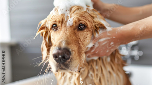 Portrait of a cute dog taking a bath in the bathtub at home