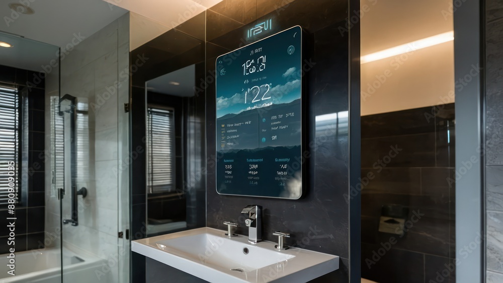A modern bathroom featuring a smart mirror with a digital display, providing time, temperature, and other details, exemplifying luxury and innovation A modern bathroom featuring a smart mirror with a digital display, providing time, temperature, and other details, exemplifying luxury and innovation