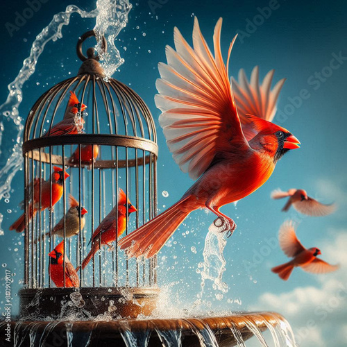 Close-up Northern Cardinal perching on branch,Bird Photography