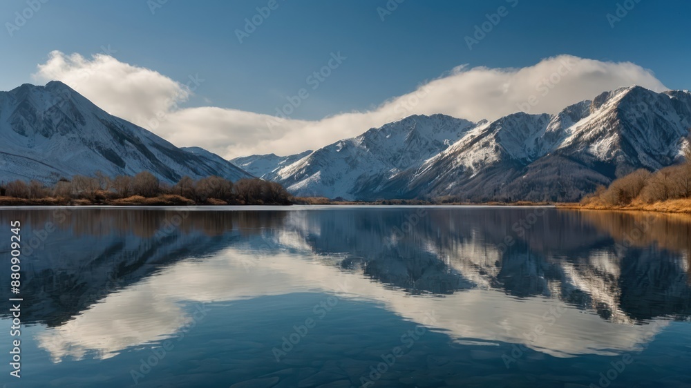 Serene winter landscape of snowcapped mountains and lake reflection under a blue sky Ideal for winter travel, nature appreciation, and peaceful retreats Serene winter landscape of snowcapped mountains and lake reflection under a blue sky Ideal for winter travel, nature appreciation, and peaceful retreats