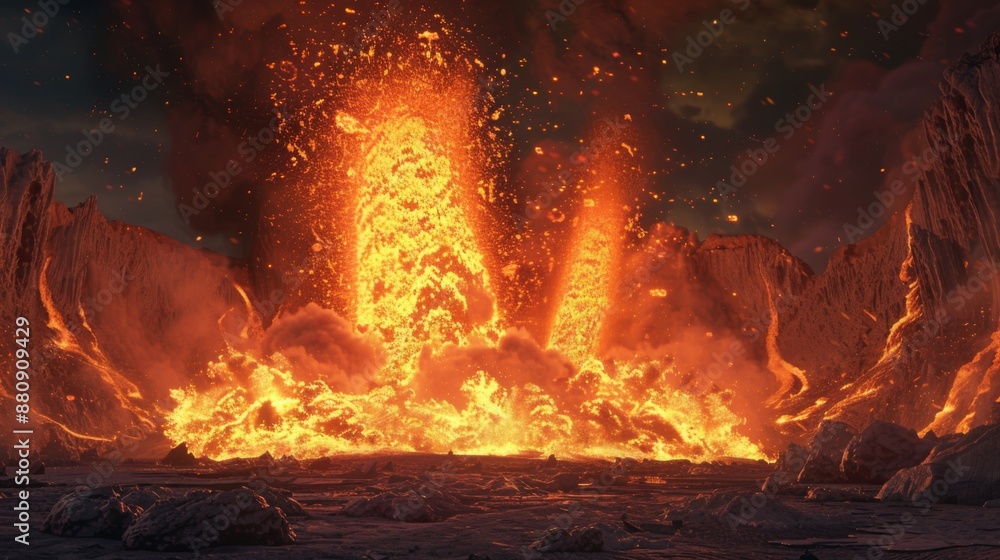 An intense explosion of volcanic ash and lava erupting from a crater. An intense explosion of volcanic ash and lava erupting from a crater.