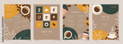 Set of sketch banners with coffee beans and leaves on minimal background for invitations, cards, banner, poster, cover, cafe menu or another template design. vector illustration.