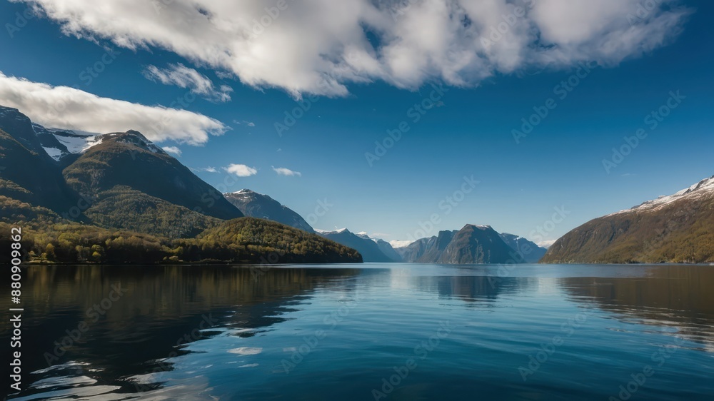 Fototapeta premium A serene mountain lake with clear blue skies, pristine reflections, and tranquil scenery, ideal for outdoor travel, nature photography, and peaceful retreats