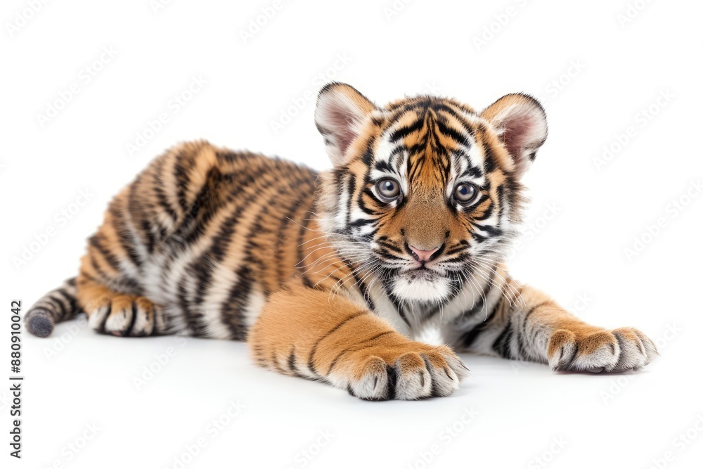 Fototapeta premium Adorable baby tiger cub with stripes isolated on white background